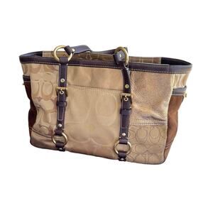 Vintage Coach Patchwork Signature Jacquard & Suede Gold/Tan Tote F06Q‑10383